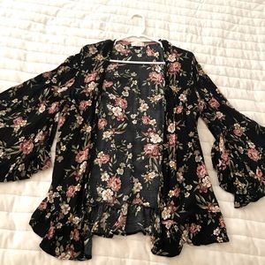 Black Floral Draped Kimono with Lacey Tank
